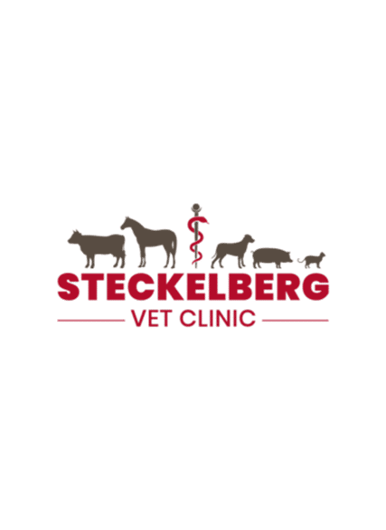 Logo for Steckelberg Vet Clinic featuring silhouettes of a cow, horse, dog, cat, and pig above the clinic name, with a veterinary caduceus symbol in the center.